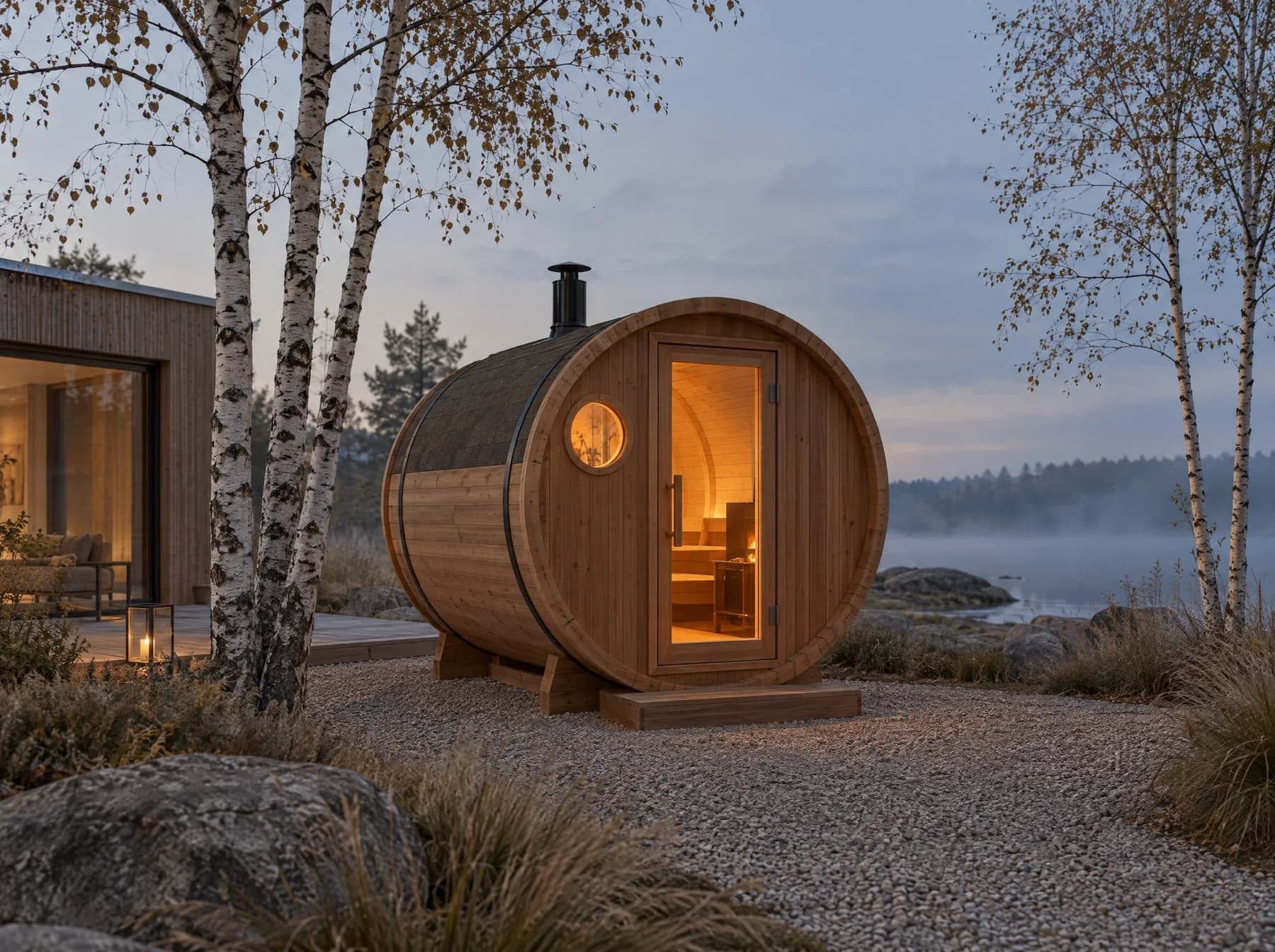 Cedar barrel sauna glowing at blue hour in a birch garden