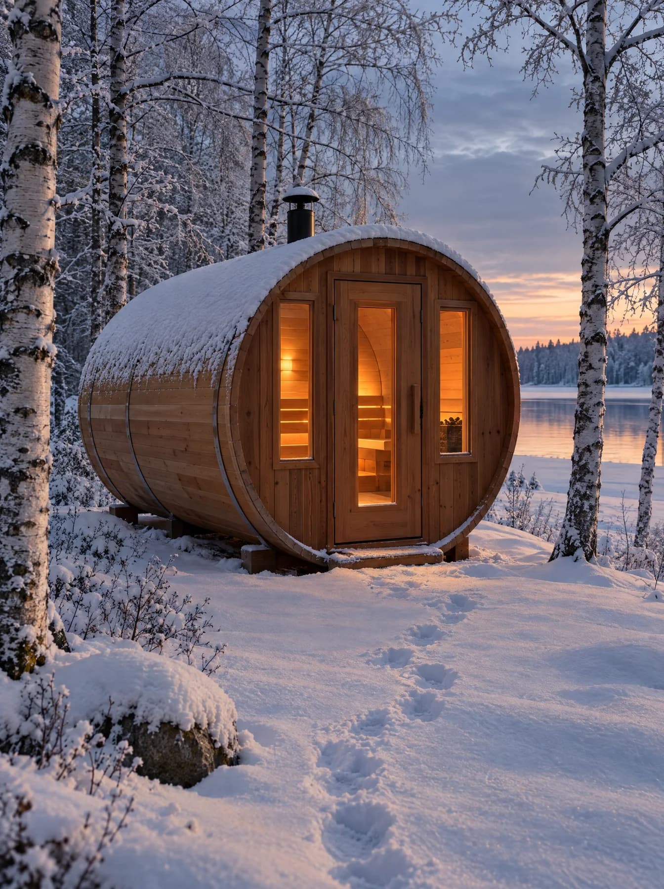 Barrel sauna glowing in fresh snow at twilight
