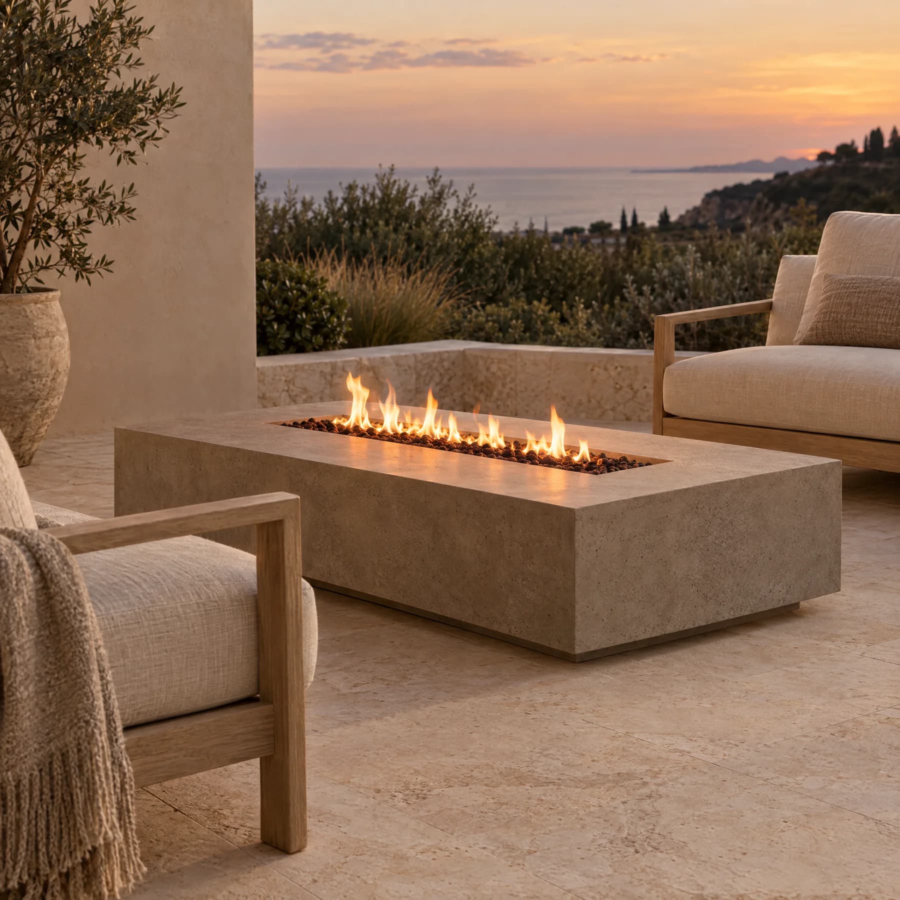 Concrete gas fire table on a limestone patio